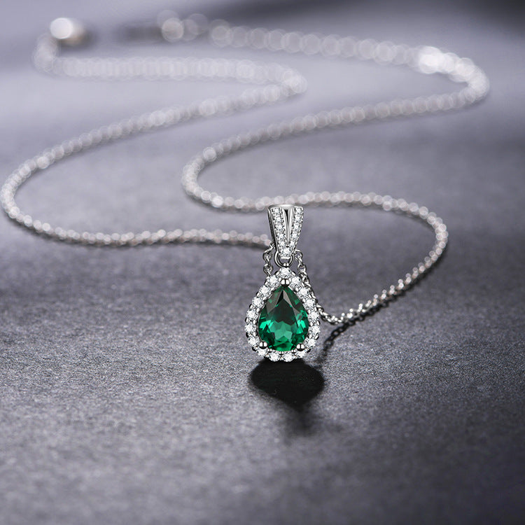 925 Silver 1 Carat Teardrop Cultured Emerald Necklace Teardrop Emerald Pendant