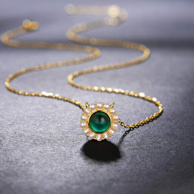 S925 Silver Plated 18K Gold Light Luxury Freshwater Pearl Necklace Cultured Emerald Necklace