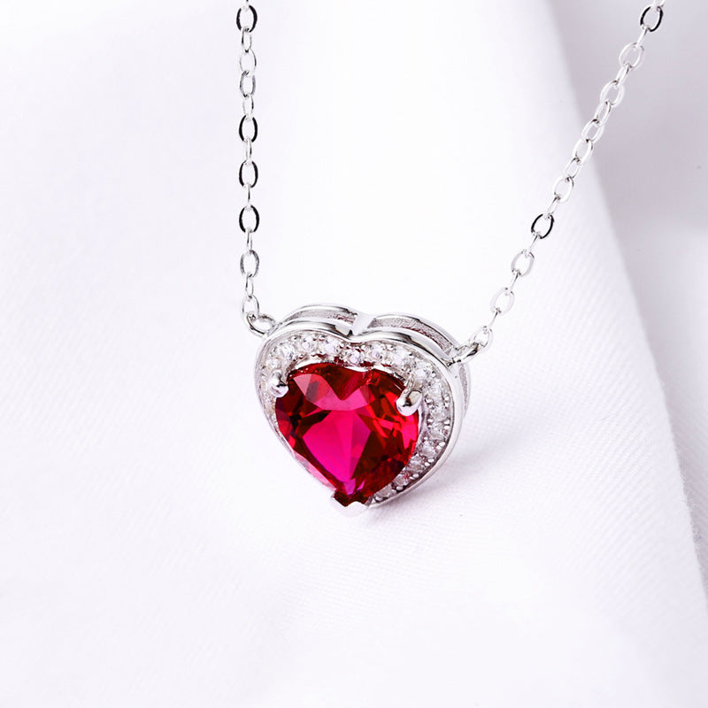 S925 silver cultivated heart-shaped ruby necklace niche temperament colored pendant