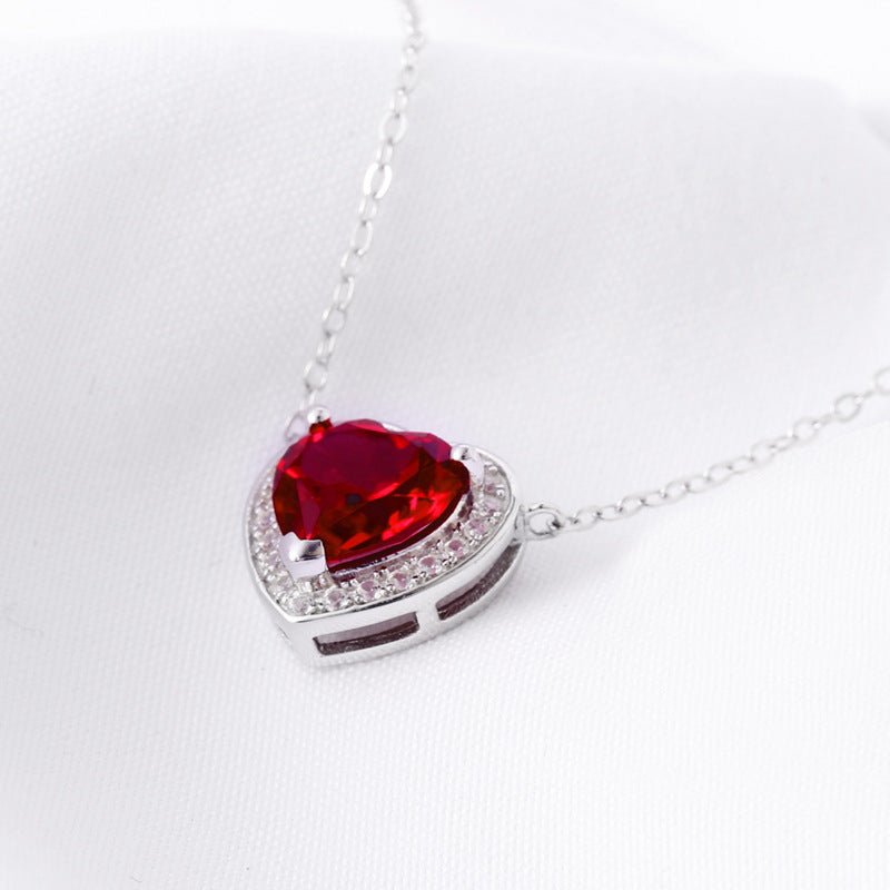 S925 silver cultivated heart-shaped ruby necklace niche temperament colored pendant