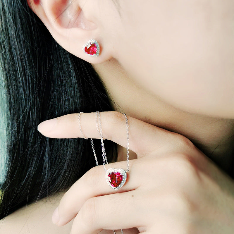 S925 silver cultivated heart-shaped ruby necklace niche temperament colored pendant