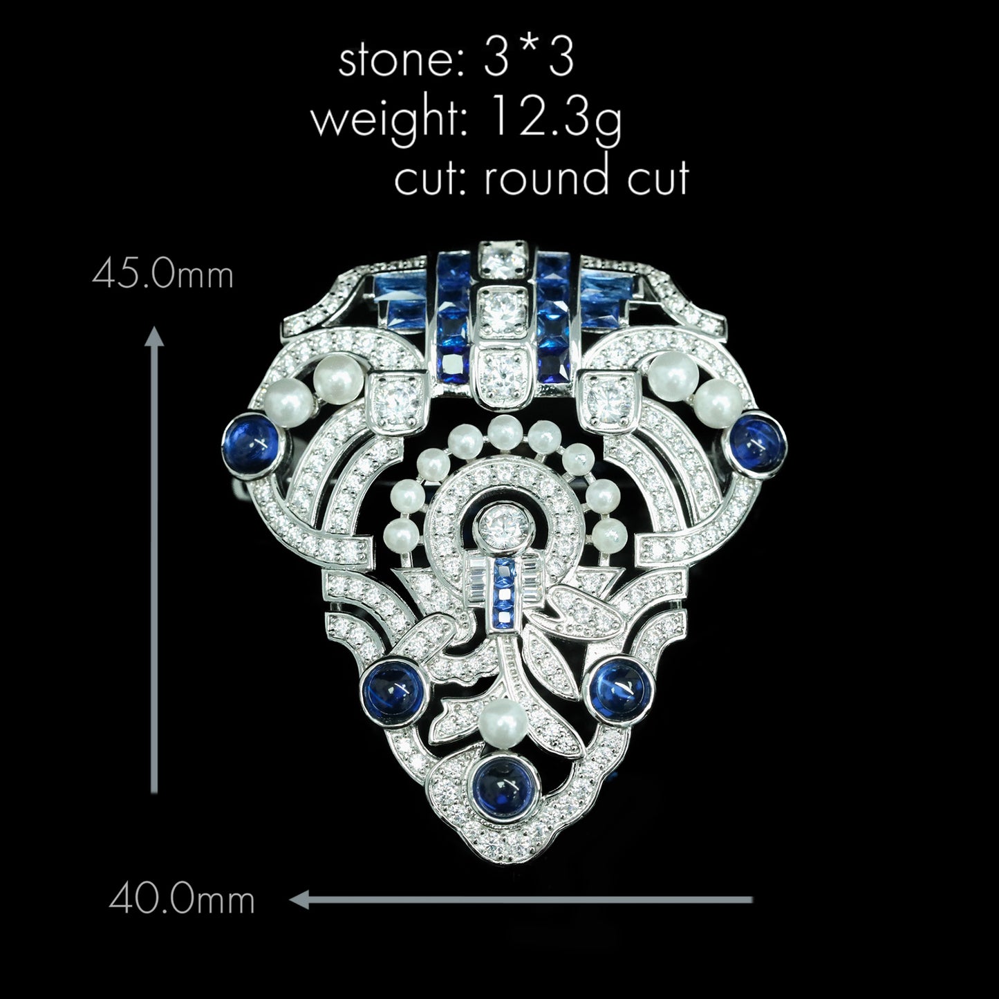 High Carbon Diamond Bead Royal Blue Art Deco Antique Brooch