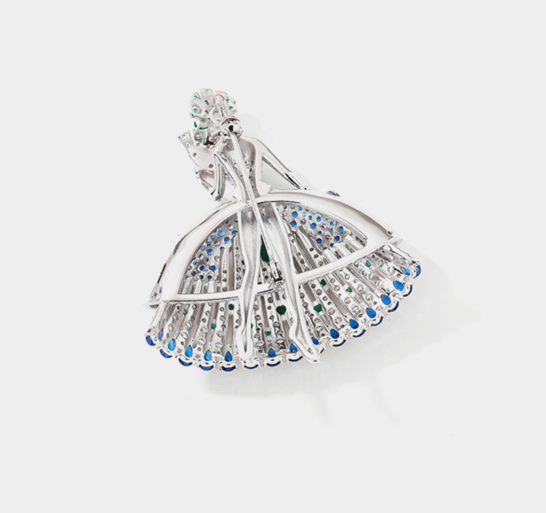 Ballet Dancing Girl Blue and Green Diamond Brooch