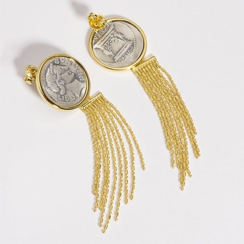 Vintage Portrait Ancient Coin Tassel Earrings