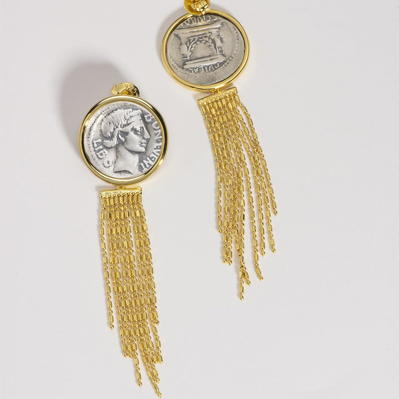 Vintage Portrait Ancient Coin Tassel Earrings