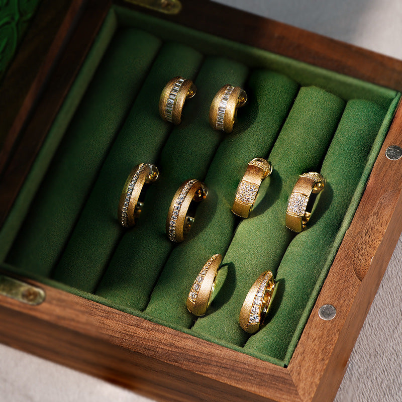 Full Set Zirconia Brushed Vintage C-Shape Geometric Stud Earrings