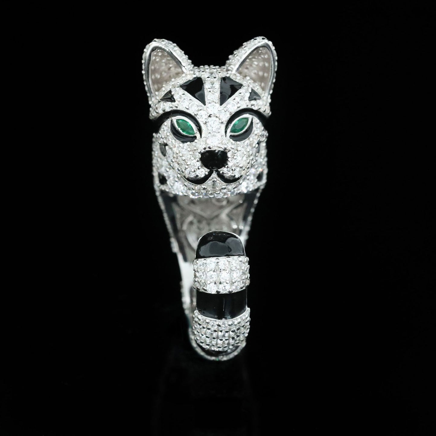 Enamelled Bengal Leopard Cat High Carbon Diamond Ring