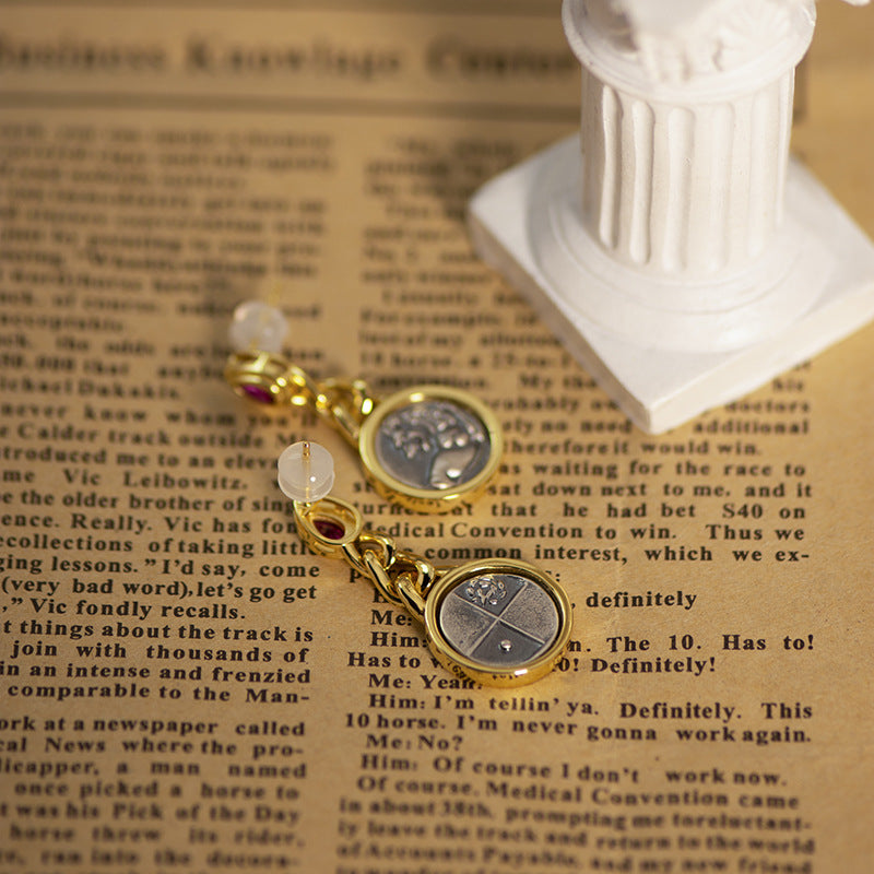 18k Gold Antique Coinback Lion Ruby Heart Earrings