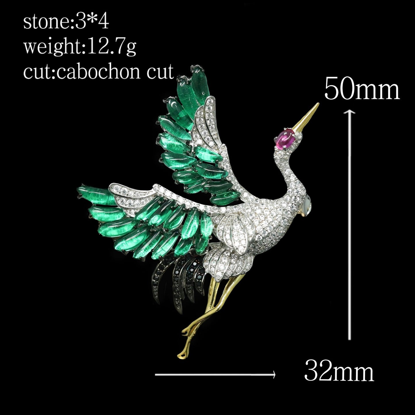 High Carbon Diamond Emerald Oriental Aesthetic Fall/Winter Crane Brooch