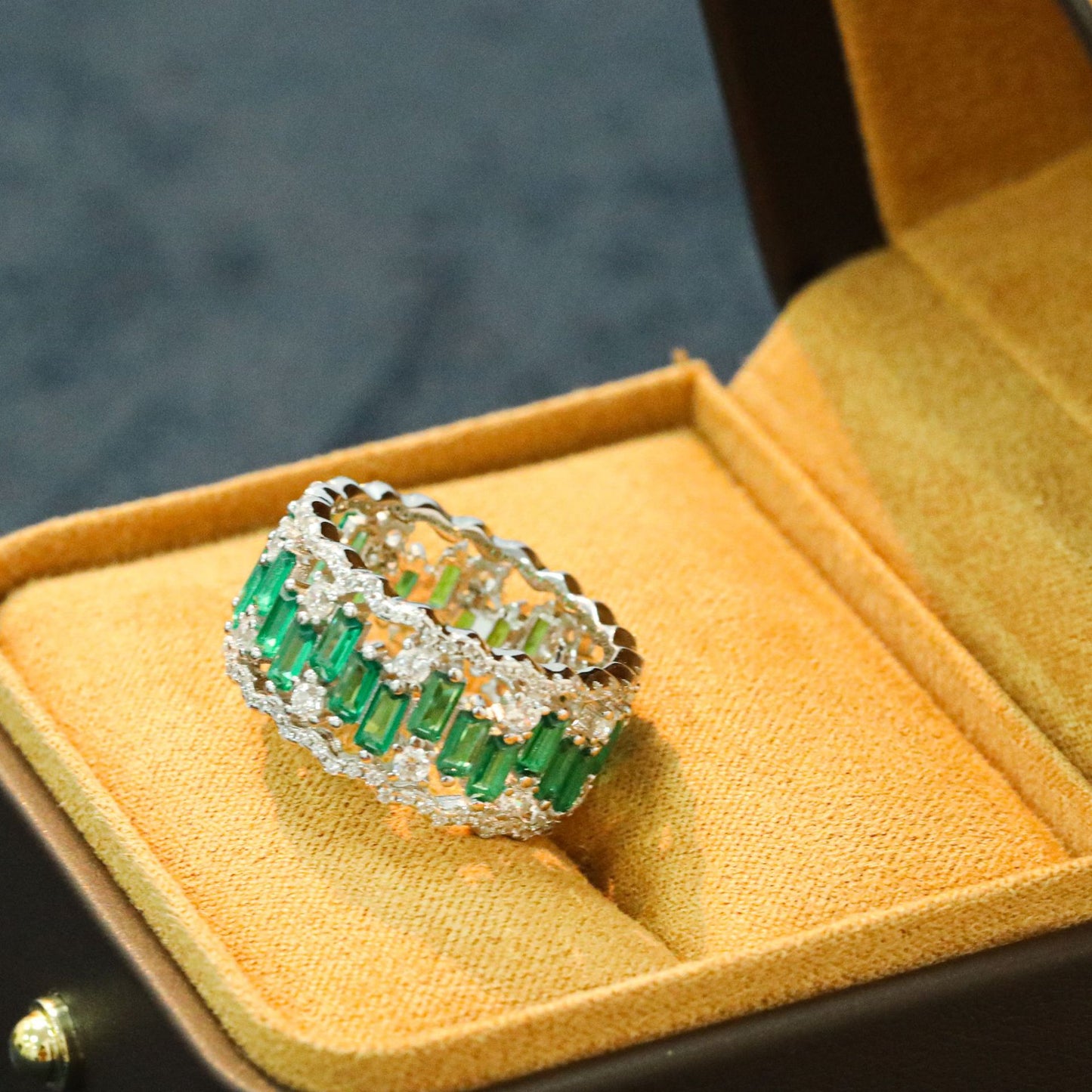 Emerald Baguette Cut High Carbon Diamond Ring