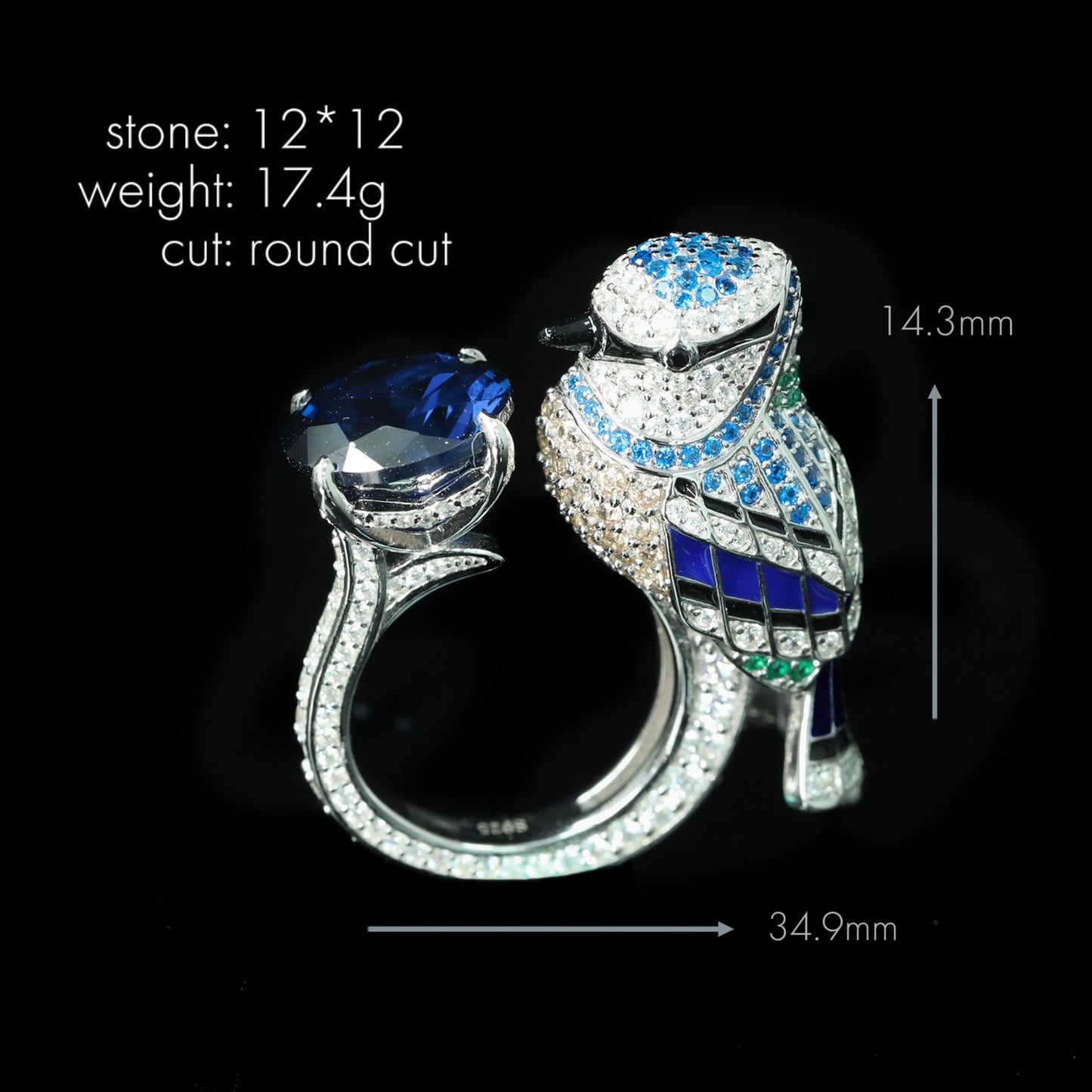 Royal Blue Animal Parrot Bird Tits Blue High Carbon Diamond Ring