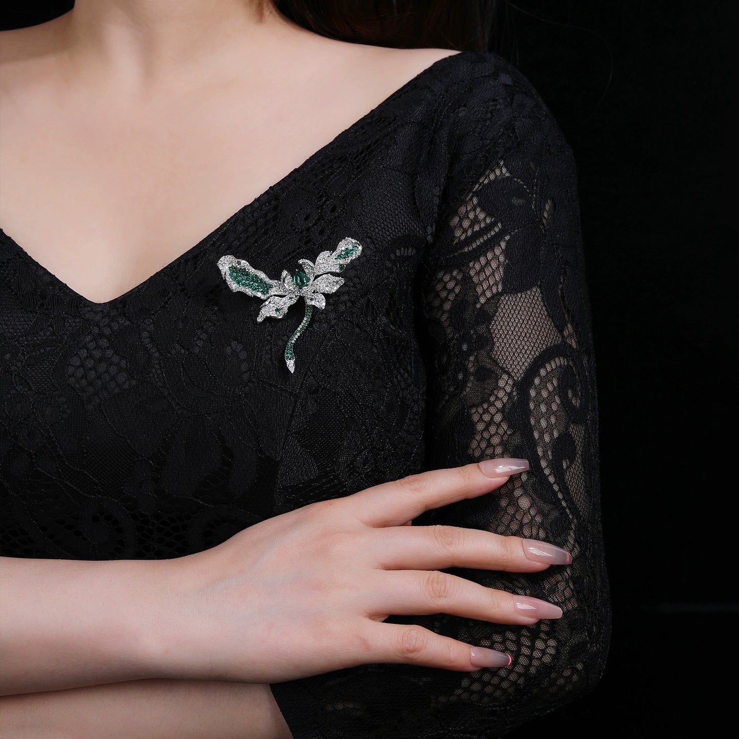 Green Dragonfly Diamond Brooch Necklace Pendant Dual Purpose Corsage