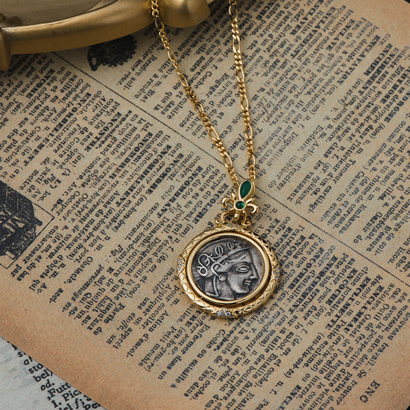 Small Athena Ancient Coin Event Clasp Vintage Sweater Necklace