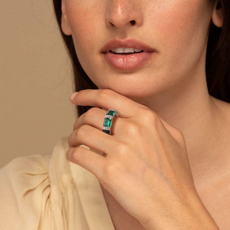 Emerald row full diamond ring S925 silver high carbon diamond women's ring