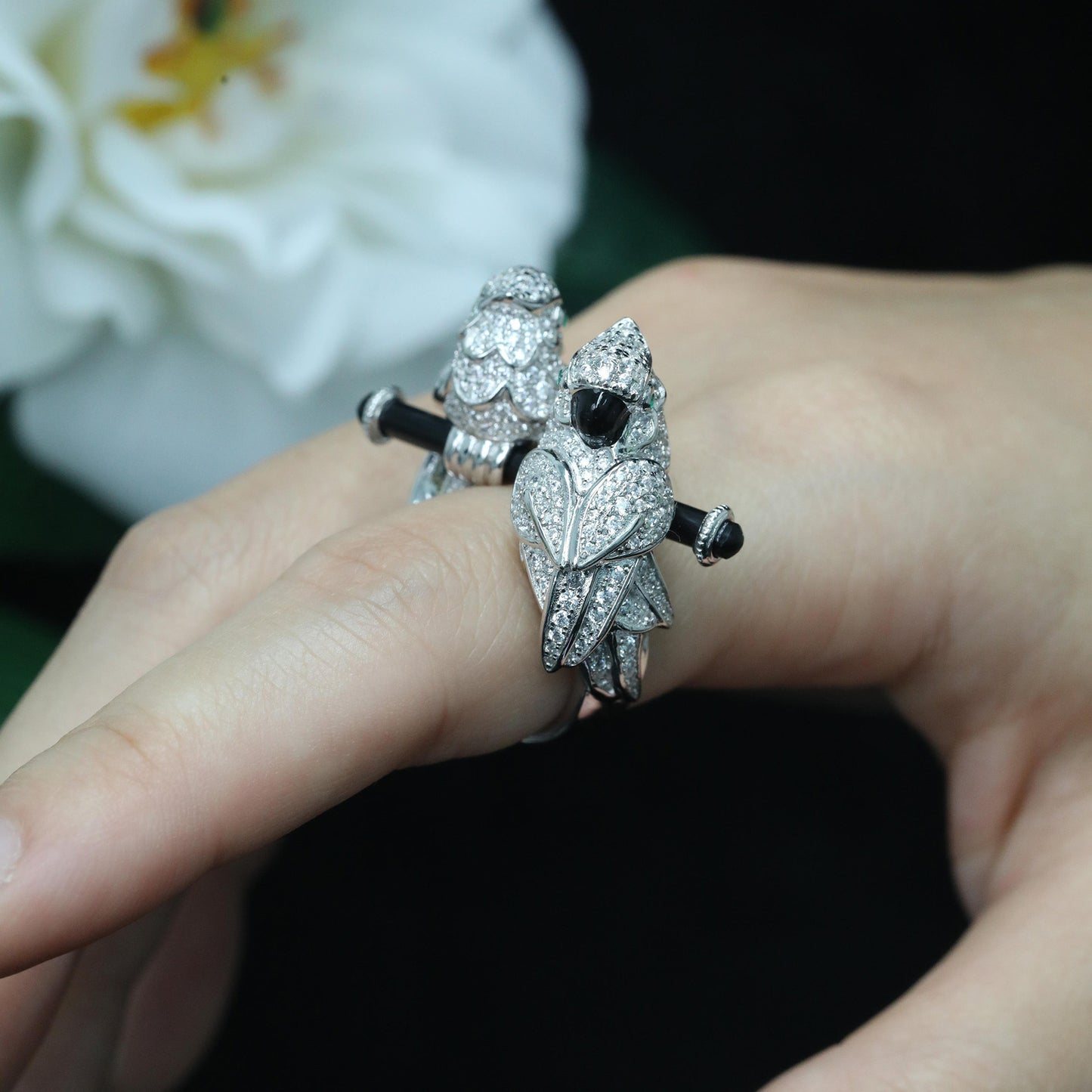 High Carbon Diamond Enamel Parrot Double Head Love Bird Ring