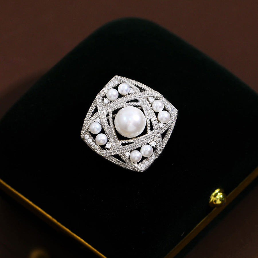Diamond and lace pearl brooch with natural freshwater pearl corsage