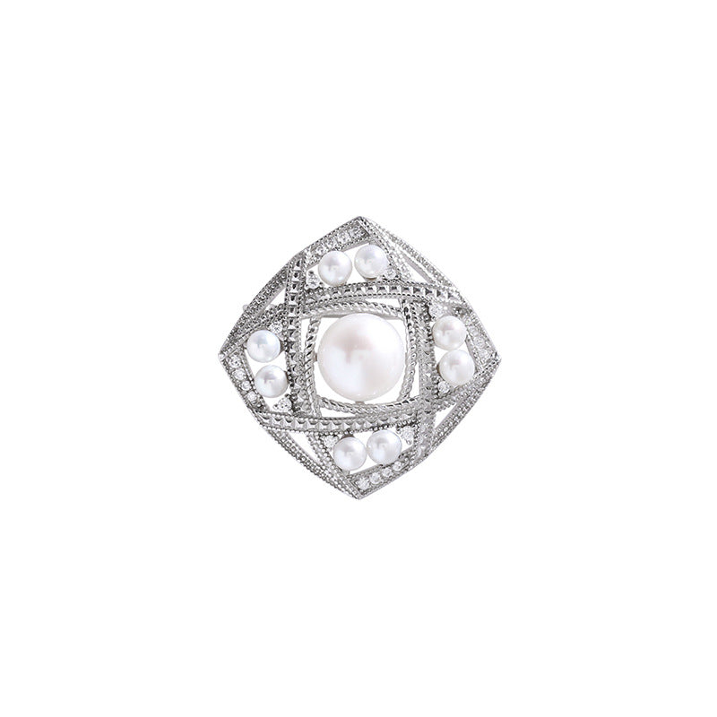 Diamond and lace pearl brooch with natural freshwater pearl corsage