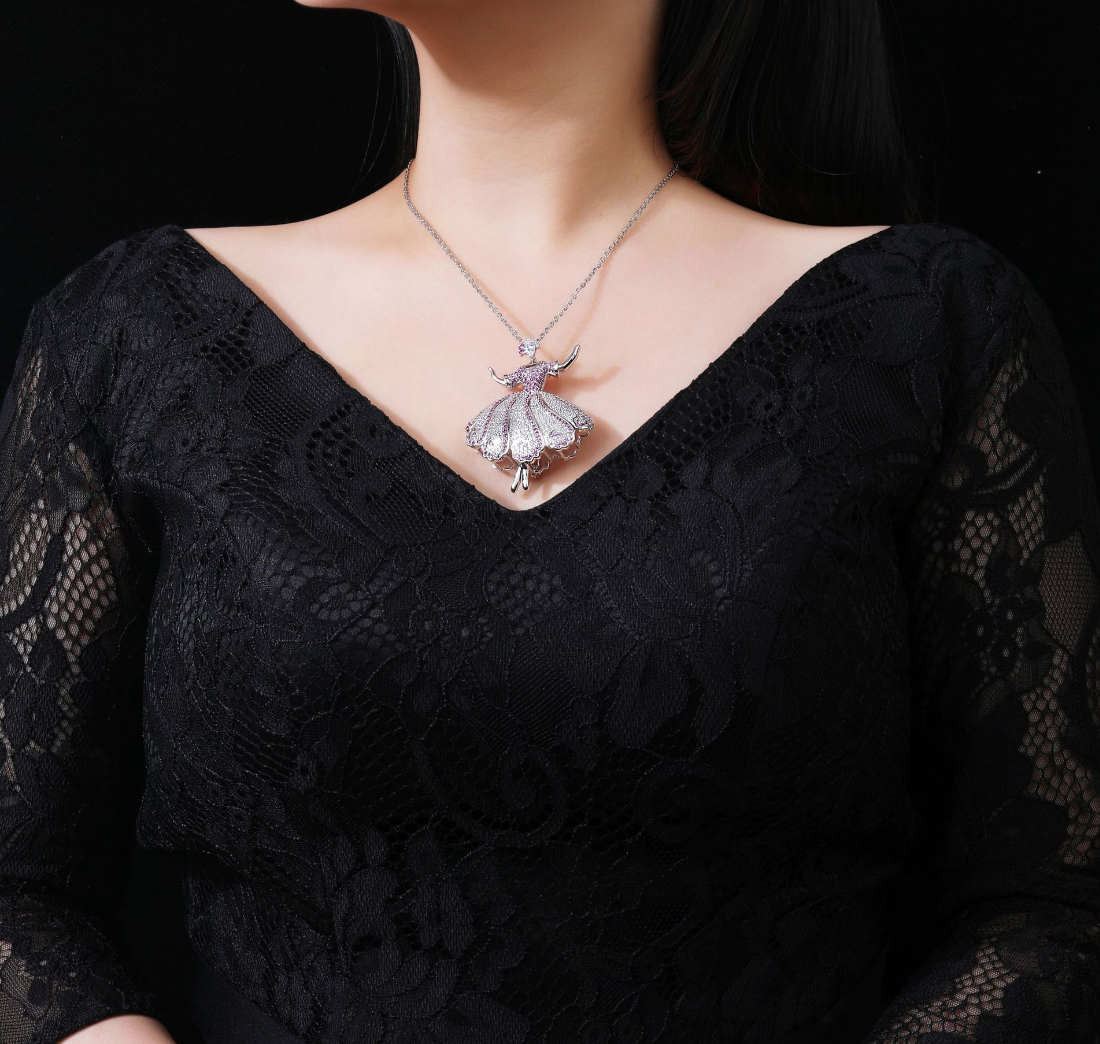 Pink Dancing Girl Diamond Brooch Necklace Pendant Dual Purpose Corsage
