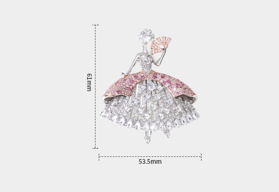 Pink Dancing Fan Girl Diamond Brooch Necklace Pendant Dual Purpose Corsage