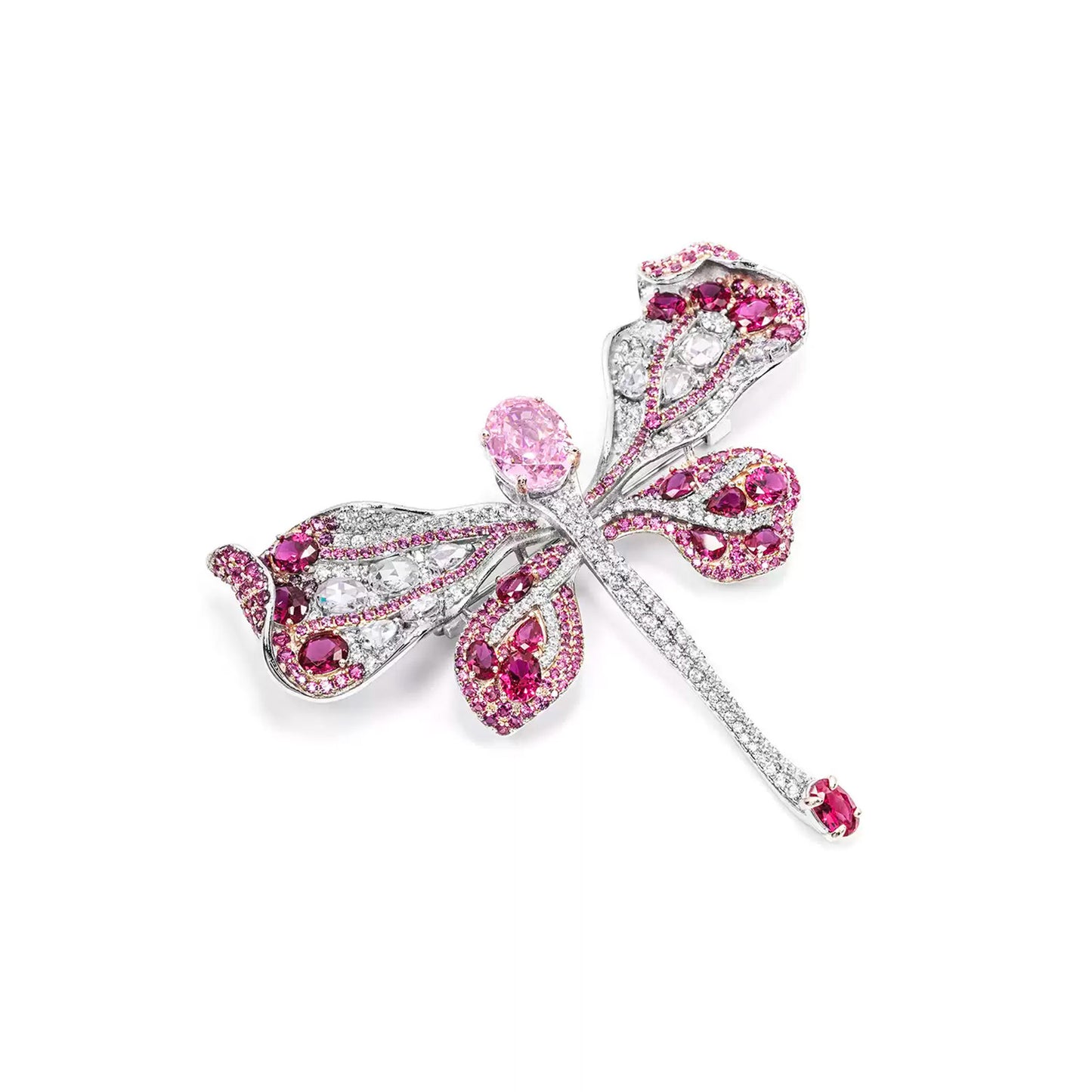 High Carbon Diamond Pigeon Blood Red Cindychao Pink Dragonfly Brooch