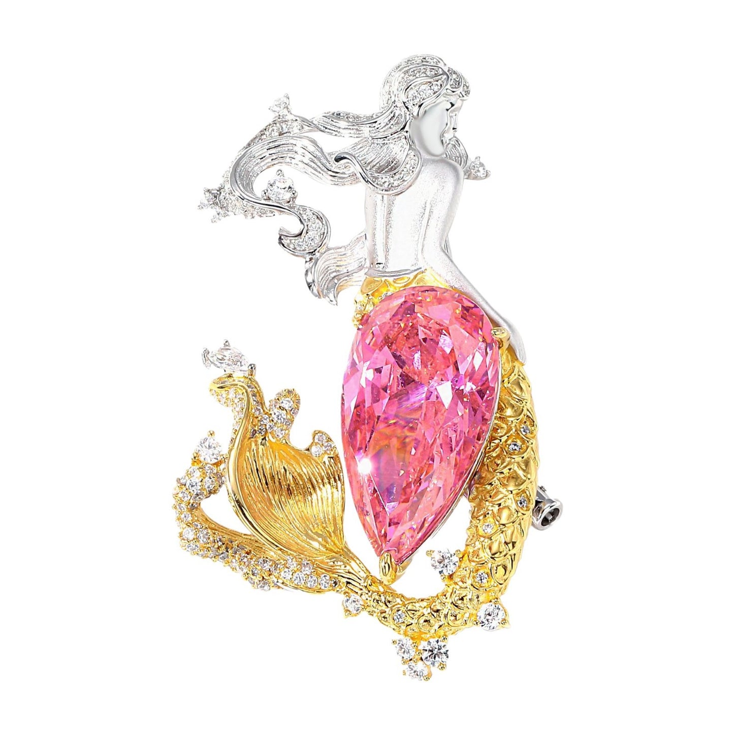 Pink Gold Mermaid Diamond Brooch Peplum Necklace Pendant