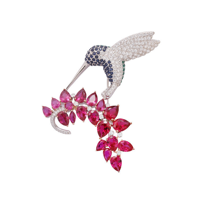 Animal High Bead Hummingbird Ruby and Diamond Brooch