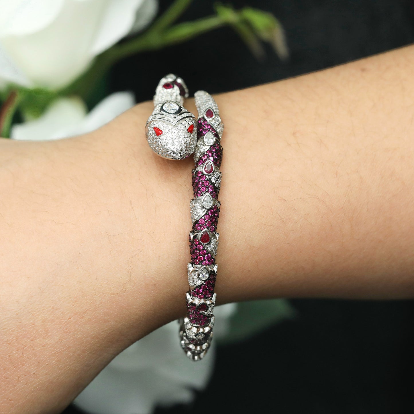 High Carbon Diamond Spirit Snake Pink Sapphire White Eye Silver Plated Bracelet