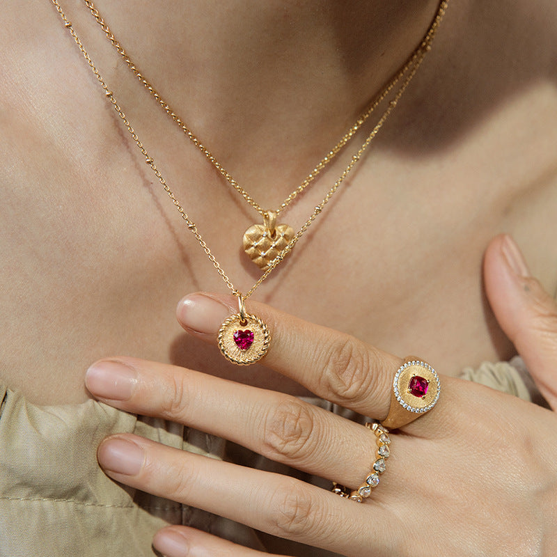 Brushed Heart Twist Ruby Collarbone Necklace
