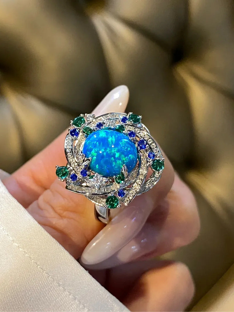 Floral Star Galaxy Opal Ring High Carbon Diamonds