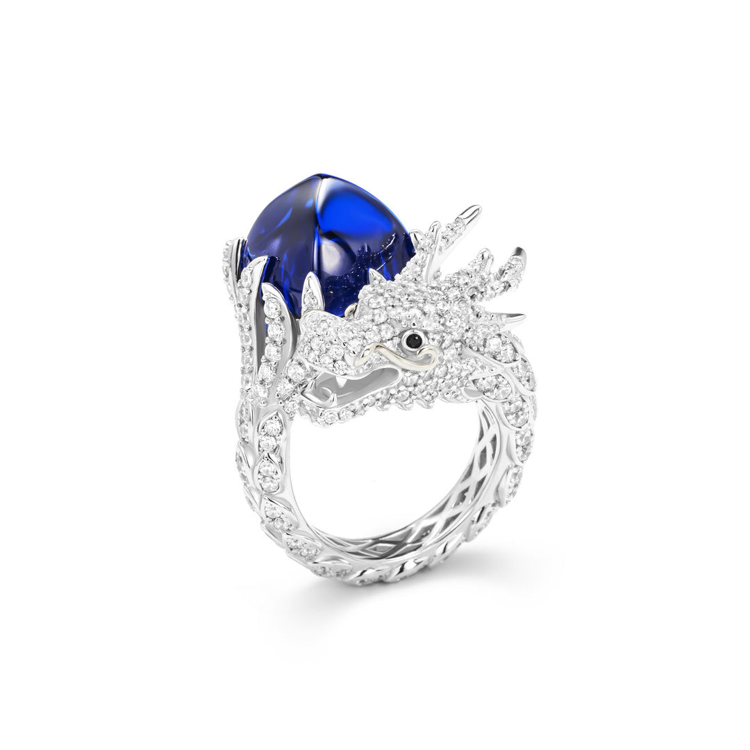 Sugar Tower Sapphire Dragon Ring High Carbon Diamond Royal Blue
