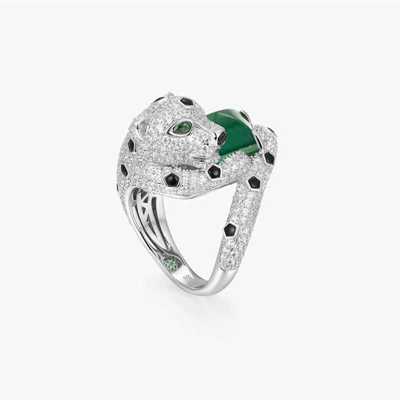 Emerald Agate Full Diamond Leopard Woodwork Green Ring