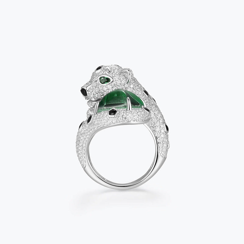 Emerald Agate Full Diamond Leopard Woodwork Green Ring