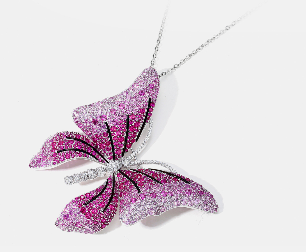 Rose Butterfly Diamond Brooch Necklace Pendant Dual Purpose Corsage