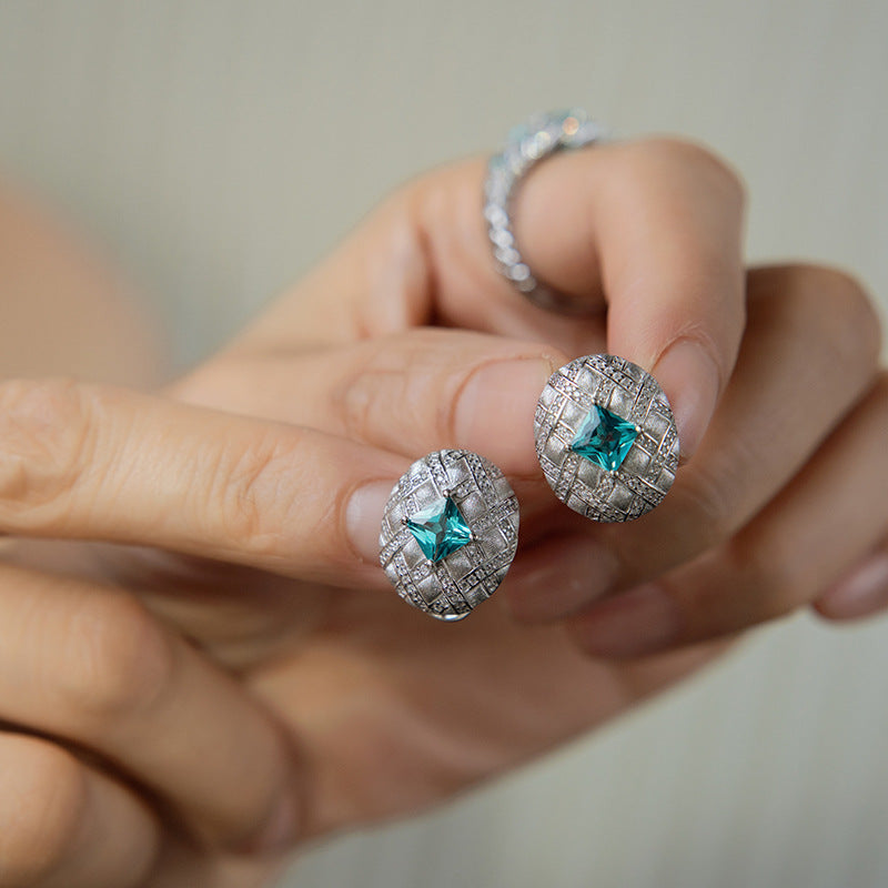 Brushed Latticework Couture Paraiba Sapphire Stud Earrings