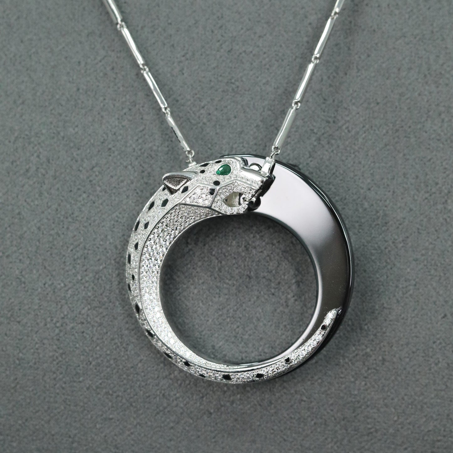High Carbon Diamond Reversible Leopard Black Enamel Silver Vermeil Necklace