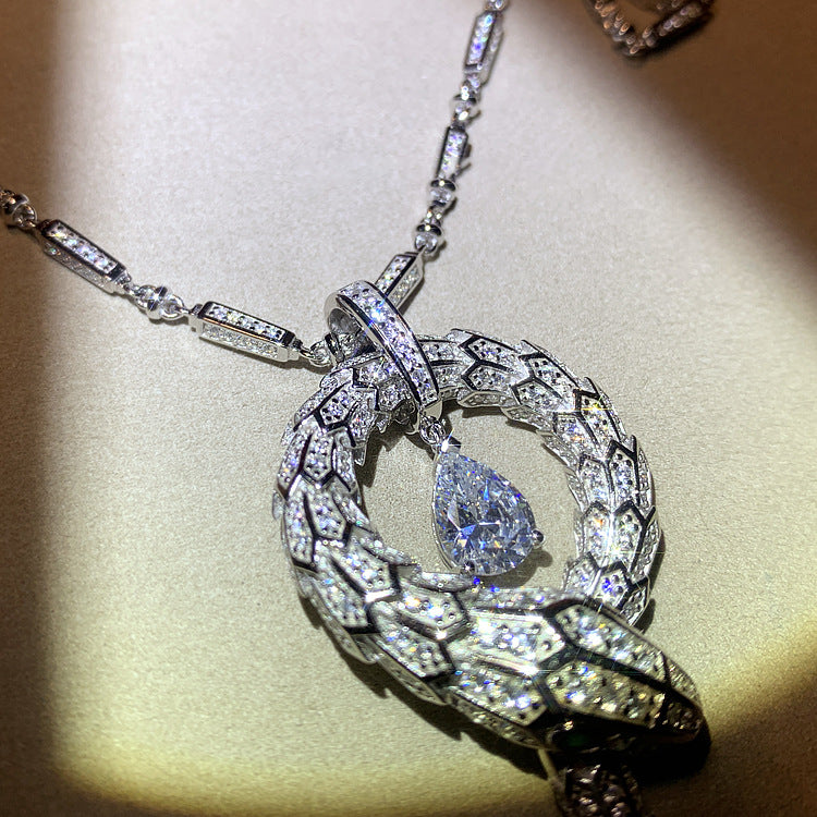 High Carbon Diamond Spirit Snake Silver Color Snake Bone Pendant Silver Plated Necklace