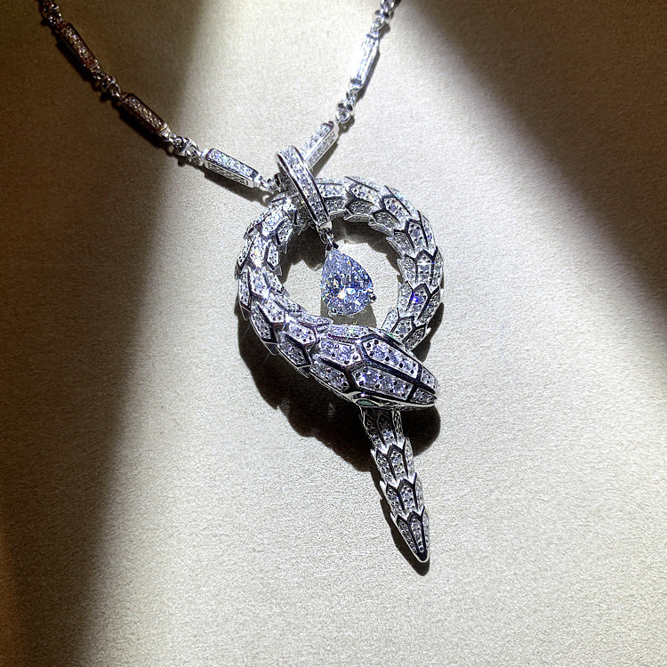 High Carbon Diamond Spirit Snake Silver Color Snake Bone Pendant Silver Plated Necklace