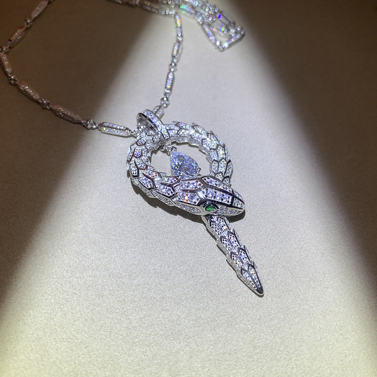 High Carbon Diamond Spirit Snake Silver Color Snake Bone Pendant Silver Plated Necklace