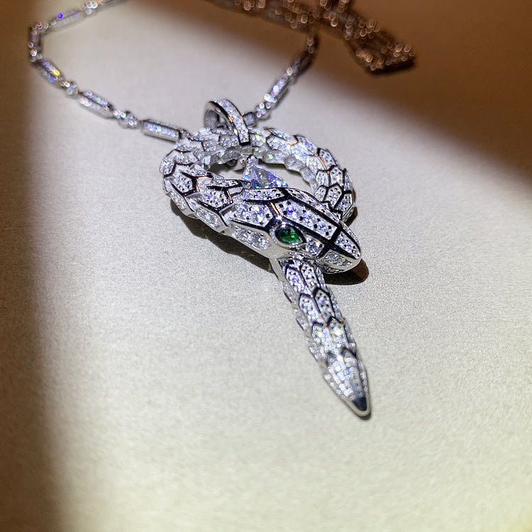 High Carbon Diamond Spirit Snake Silver Color Snake Bone Pendant Silver Plated Necklace