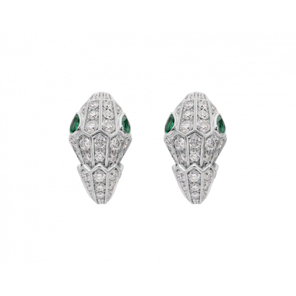 Silver and gold plated high carbon diamond spirit snake Muzo green teardrop ear clips