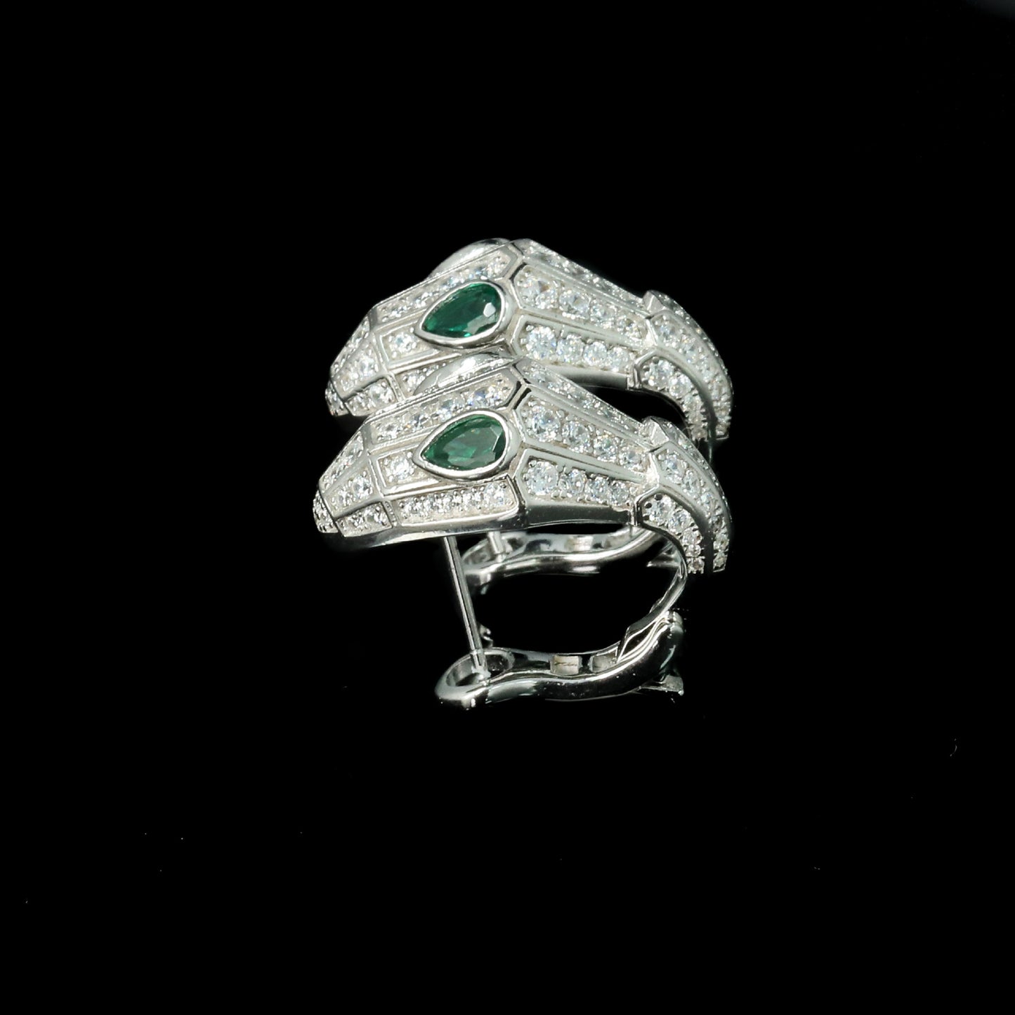 Silver and gold plated high carbon diamond spirit snake Muzo green teardrop ear clips