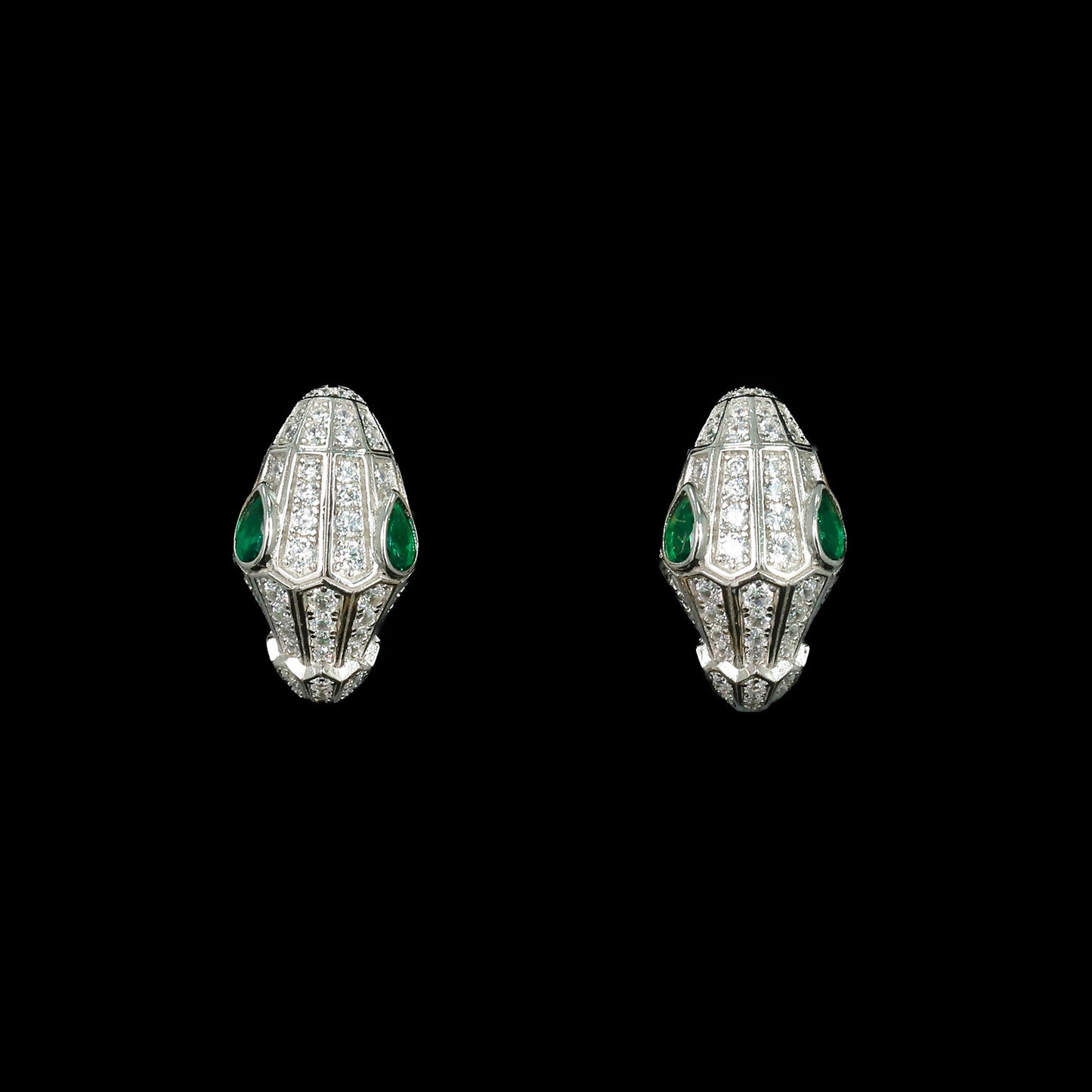 Silver and gold plated high carbon diamond spirit snake Muzo green teardrop ear clips