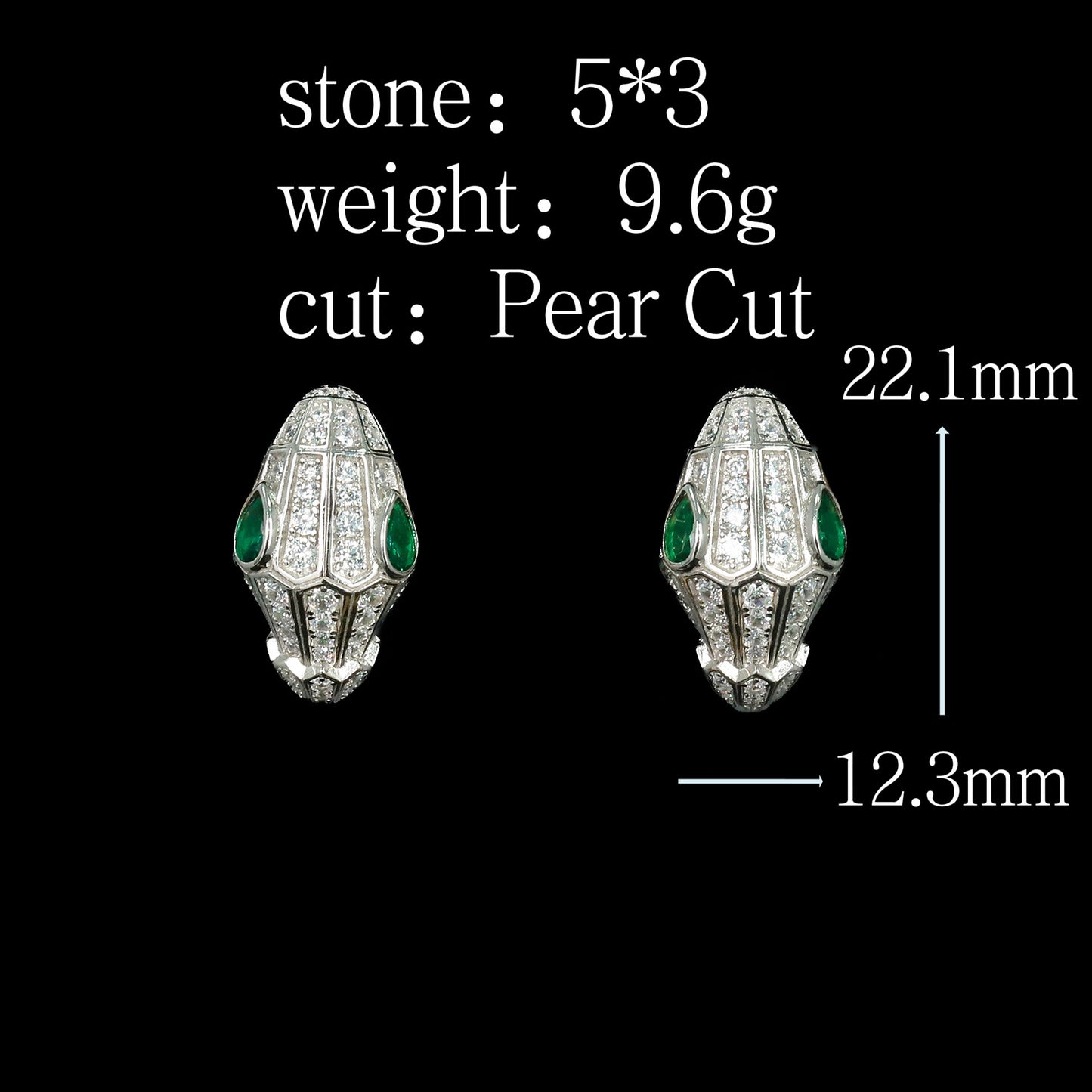 Silver and gold plated high carbon diamond spirit snake Muzo green teardrop ear clips