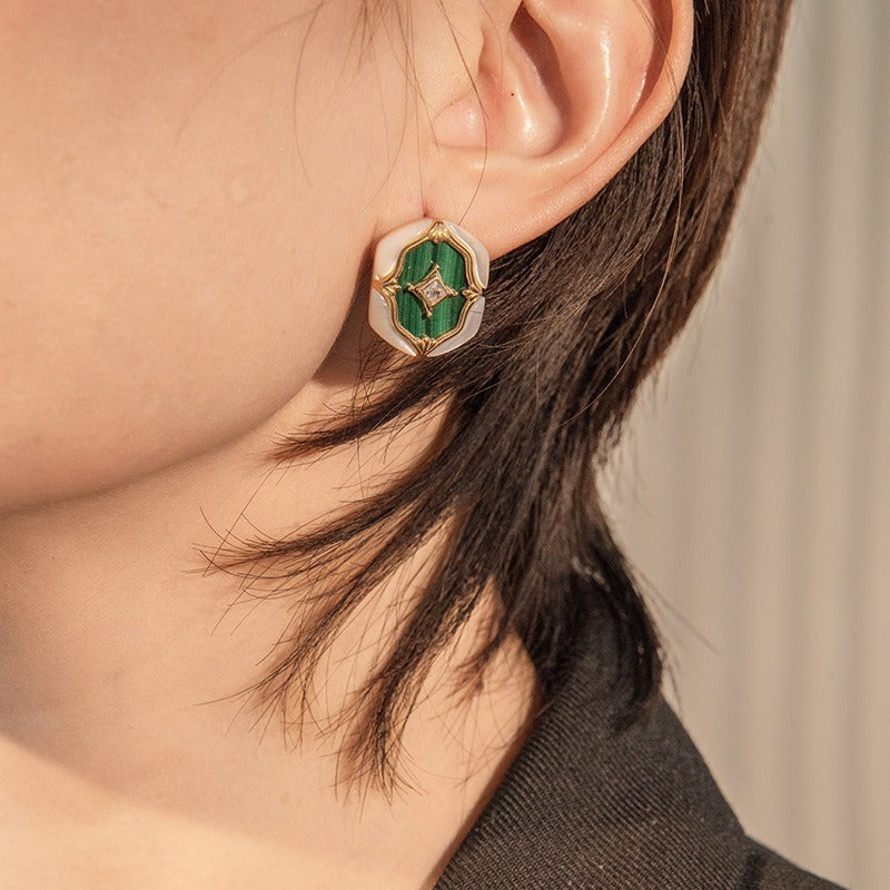 White Shell Natural Malachite Vintage Earrings