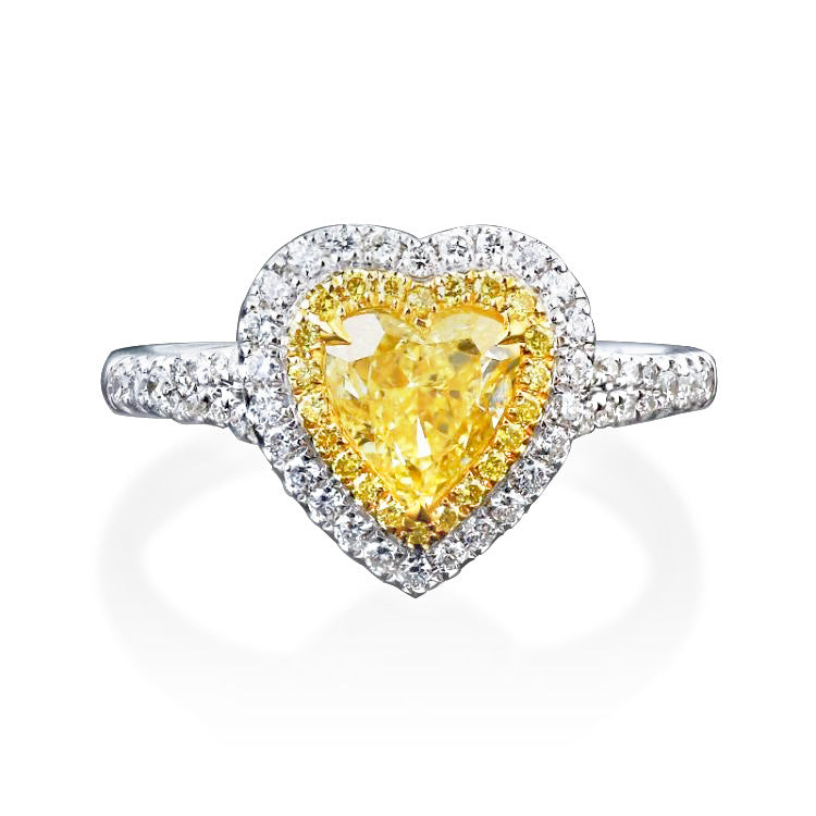 Fancy heart cut fancy yellow zirconia double halo ring
