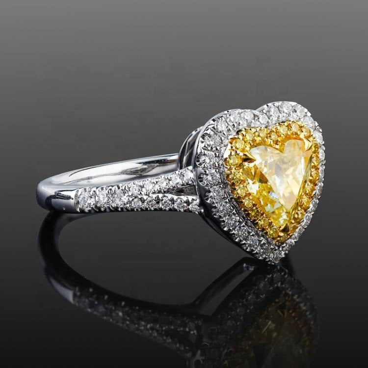 Fancy heart cut fancy yellow zirconia double halo ring