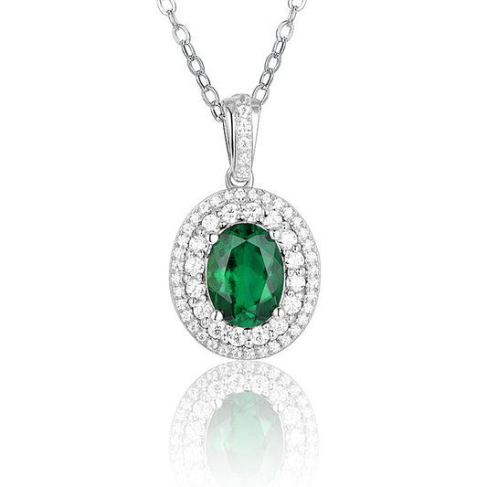 Cultured Emerald Oval Pendant S925 Sterling Silver Simple Emerald Women's Necklace