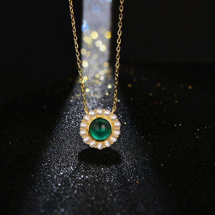S925 Silver Plated 18K Gold Light Luxury Freshwater Pearl Necklace Cultured Emerald Necklace