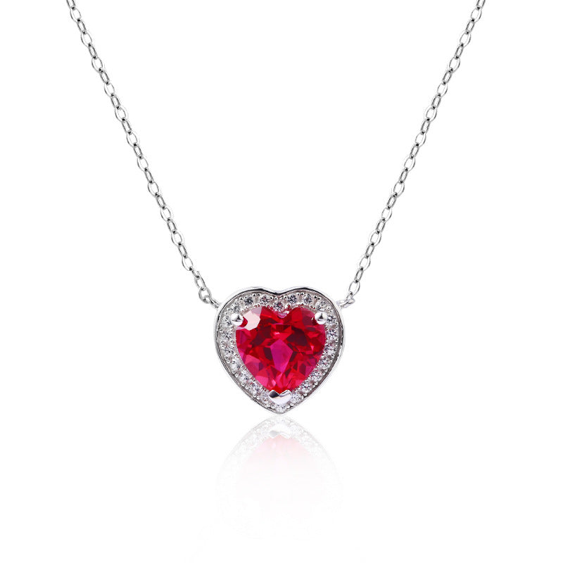 S925 silver cultivated heart-shaped ruby necklace niche temperament colored pendant