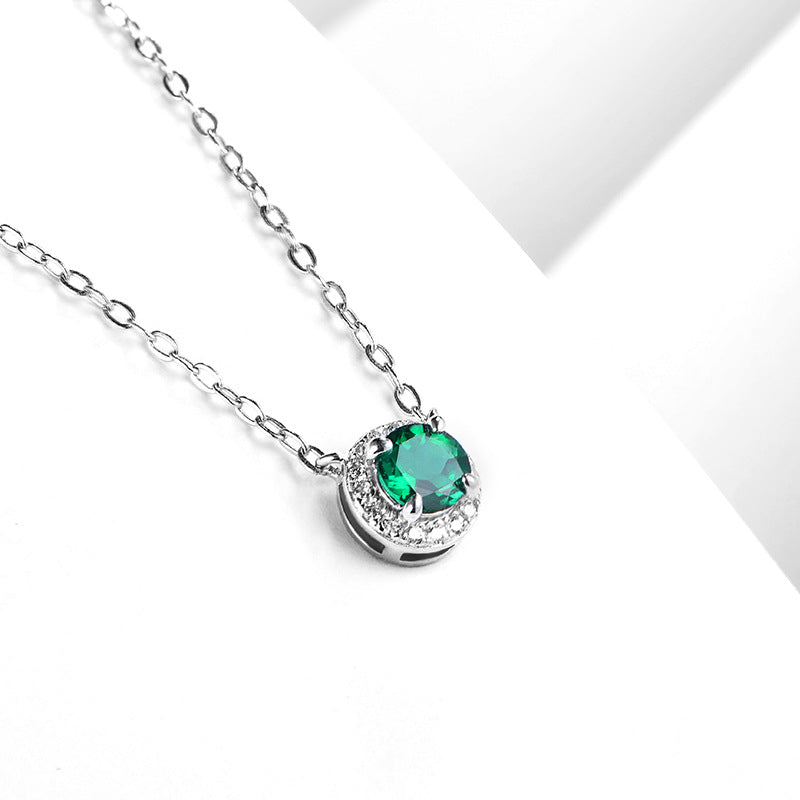 Zambian color S925 sterling silver cultivated emerald pendant fashion simple emerald collarbone chain